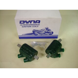 Pair, DYNA coils, 3Ohm, dual output, green, DC1-1, for DYNA-S and original HONDA, KAWASAKI, SUZUKI, CB350/400/500/550/750 four, GL1000, Z650/900/1000, GS750/1000